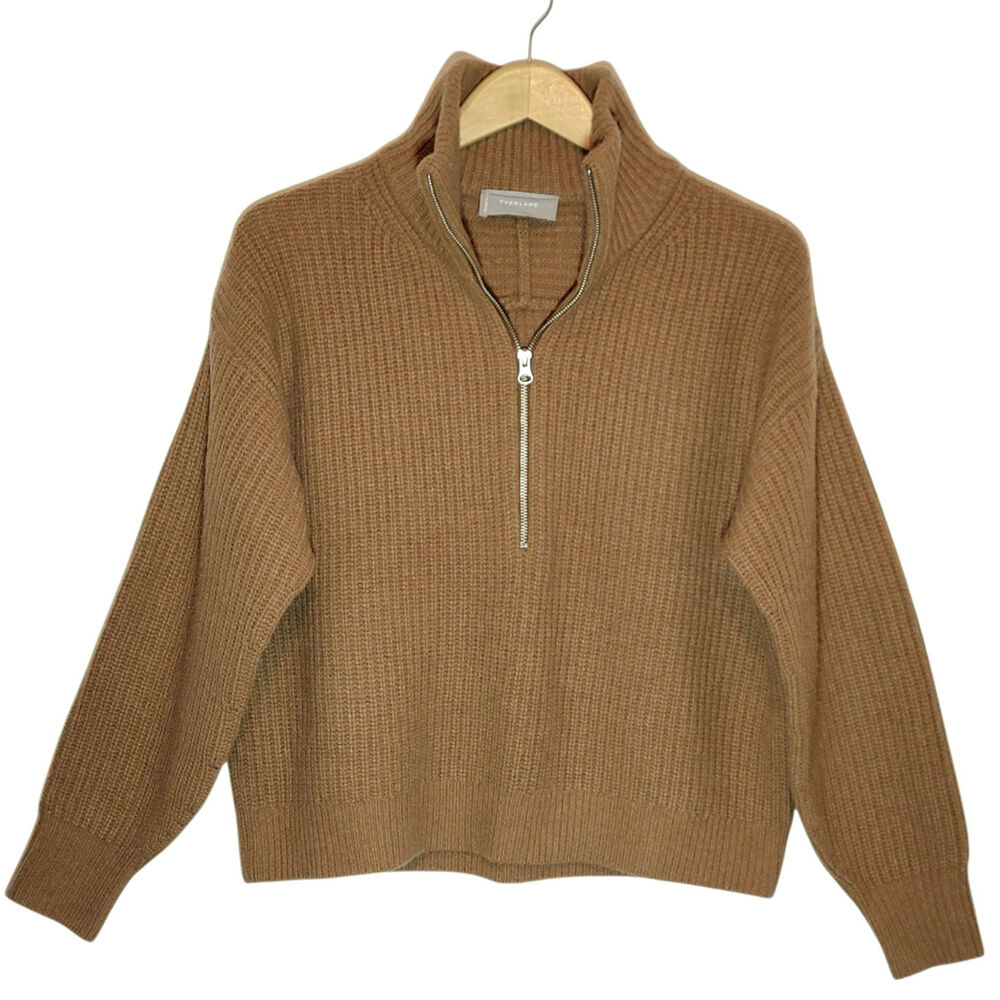 Everlane The Half-Zip Wool Ribbed Knit Sweater Long Sleeve Camel Tan S Classic - Picture 2 of 16